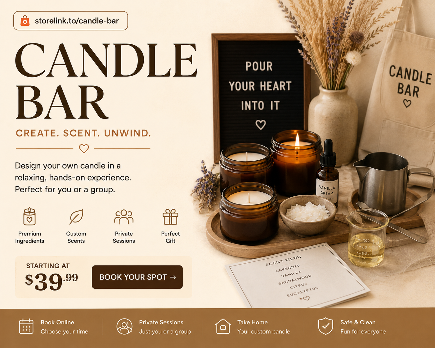 StoreLink candle bar page preview with handmade candle experience, booking button, and product details